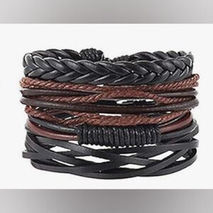 4 men's leather bracelets layered braided brown‎ new e21